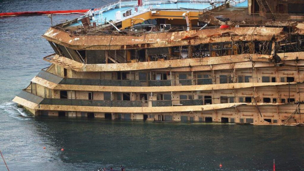 Rusty wreck of the uprighted Costa Concordia. Submechanophobia.