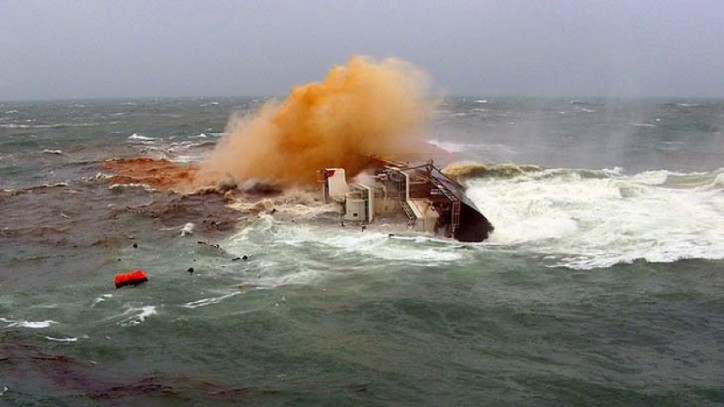 Capsized bulk carrier after loss of stability due to liquefaction.