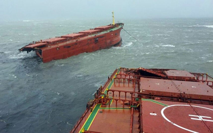 Bulk carrier broke in two after typhoon near coast of South Korea.