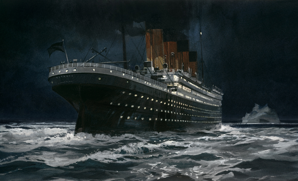 Painting of the RMS Titanic heading for the iceberg.