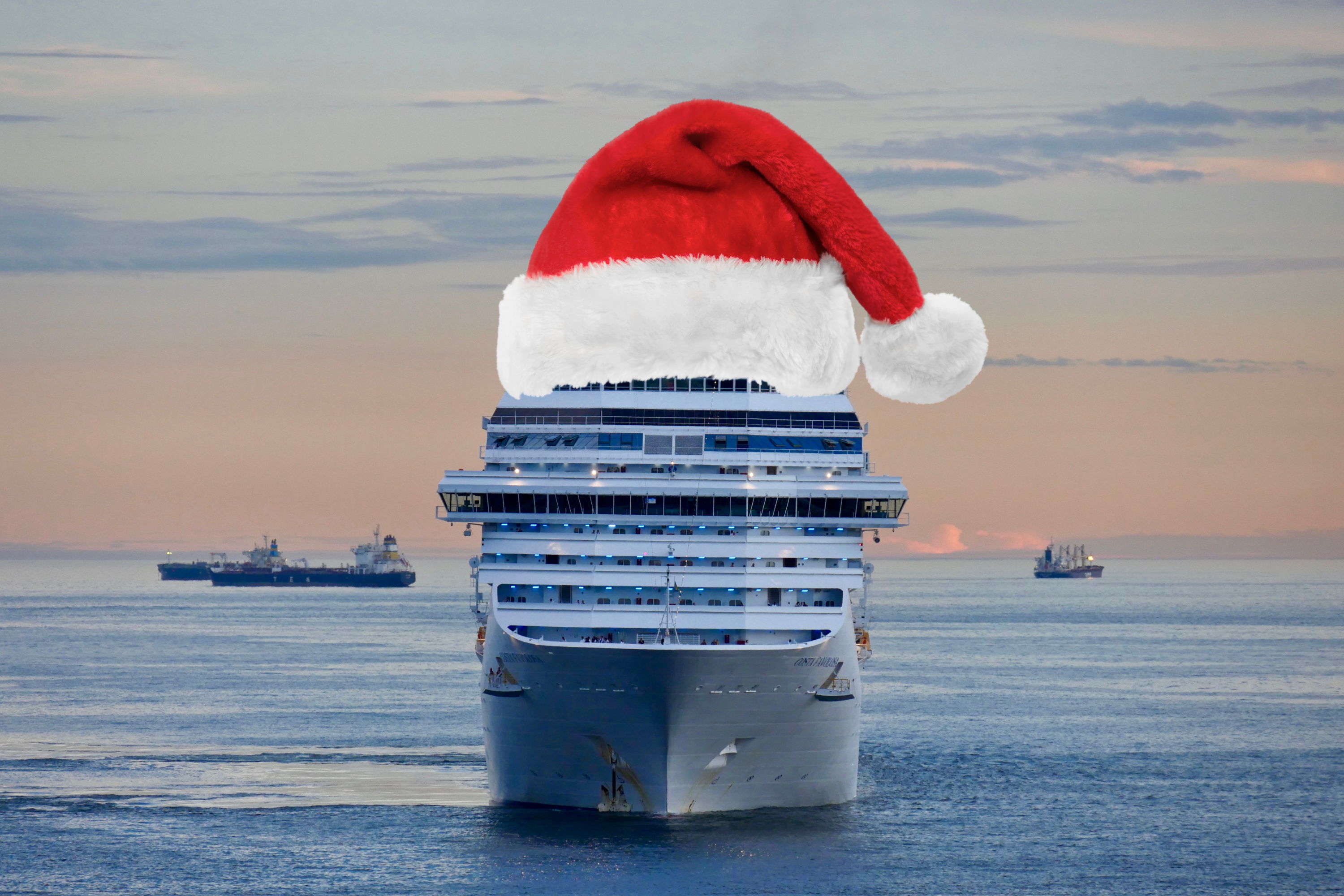 Photo of a cruise ship with a Christmas hat.