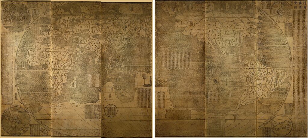 3 panels of the Kunyu Wanguo Quantu, A Map of the Myriad Countries of the World, by Matteo Ricci.