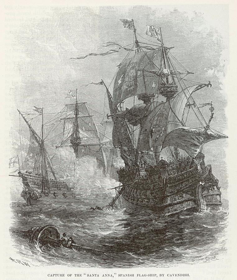 Thomas Cavendish captures the Spanish vessel 'Santa Anna' Date 14 November 1587. (Credits: Harper's Monthly)