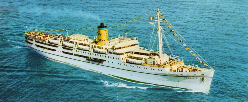 A postcard of the Franca C. at sea.