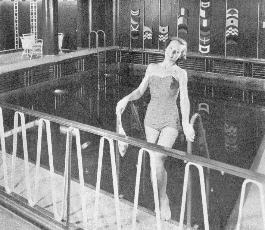 Photo from a 1950s SS United States brochure showing the indoor swimming pool 