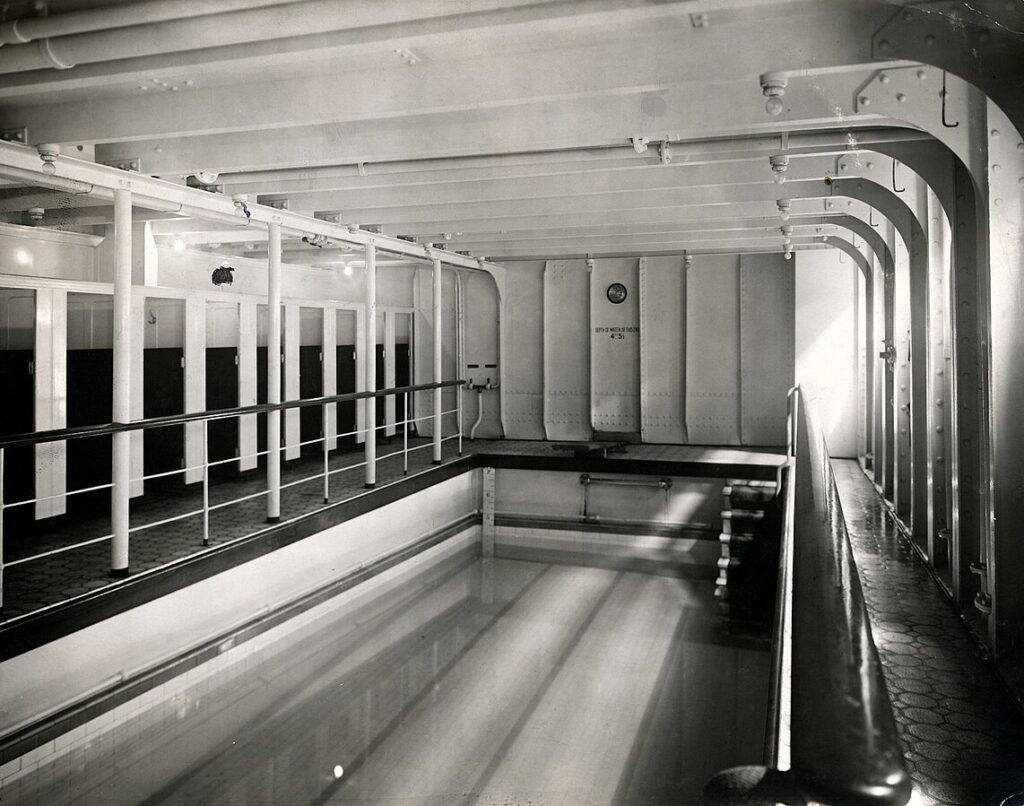 First Class swimming pool of RMS Olympic, sister ship of RMS Titanic, 1912. Ocean Liner Swimming Pools