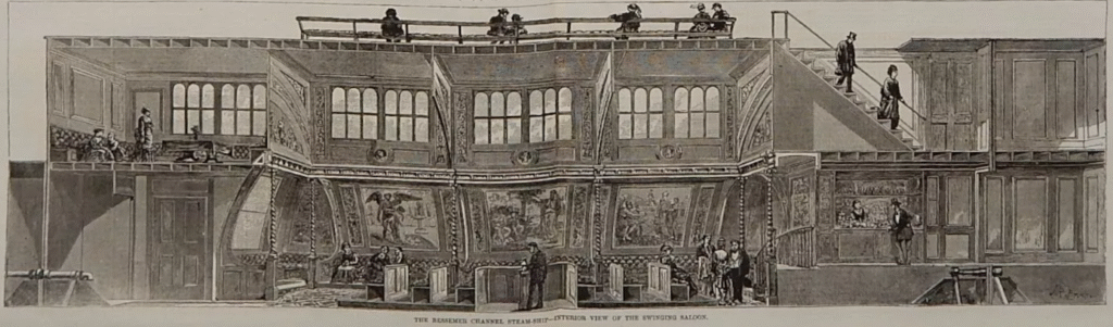 The new Bessemer Saloon Steamer, longitudinal section, showing interior of saloon, ladies' private cabin, and stairs leading to promenade deck. (Source: Harper's Magazine)