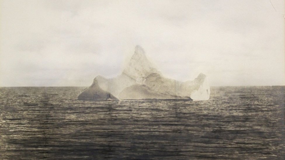 The iceberg suspected of having sunk the Titanic, photographed by the chief steward of the liner Prinz Adalbert on the morning of April 15, 1912, just a few miles south of where Titanic sank. The steward had not yet heard about Titanic's sinking, and he noticed the smear of what appeared to be red paint along the base of the iceberg, suggesting it had collided with a ship sometime in the previous 12 hours. 