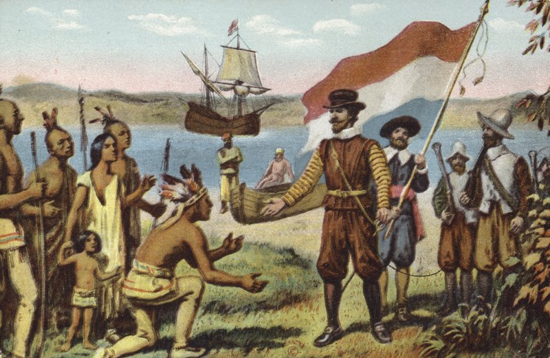 Henry Hudson landing on Manhattan (Source: American School)