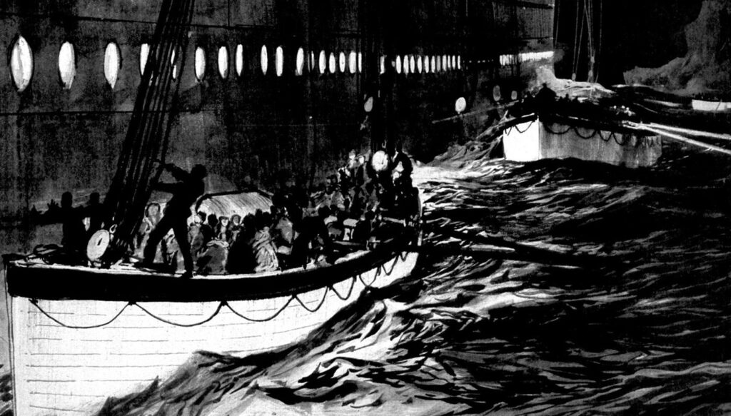 Leaving the sinking liner. (Painting by Charles Dixon)