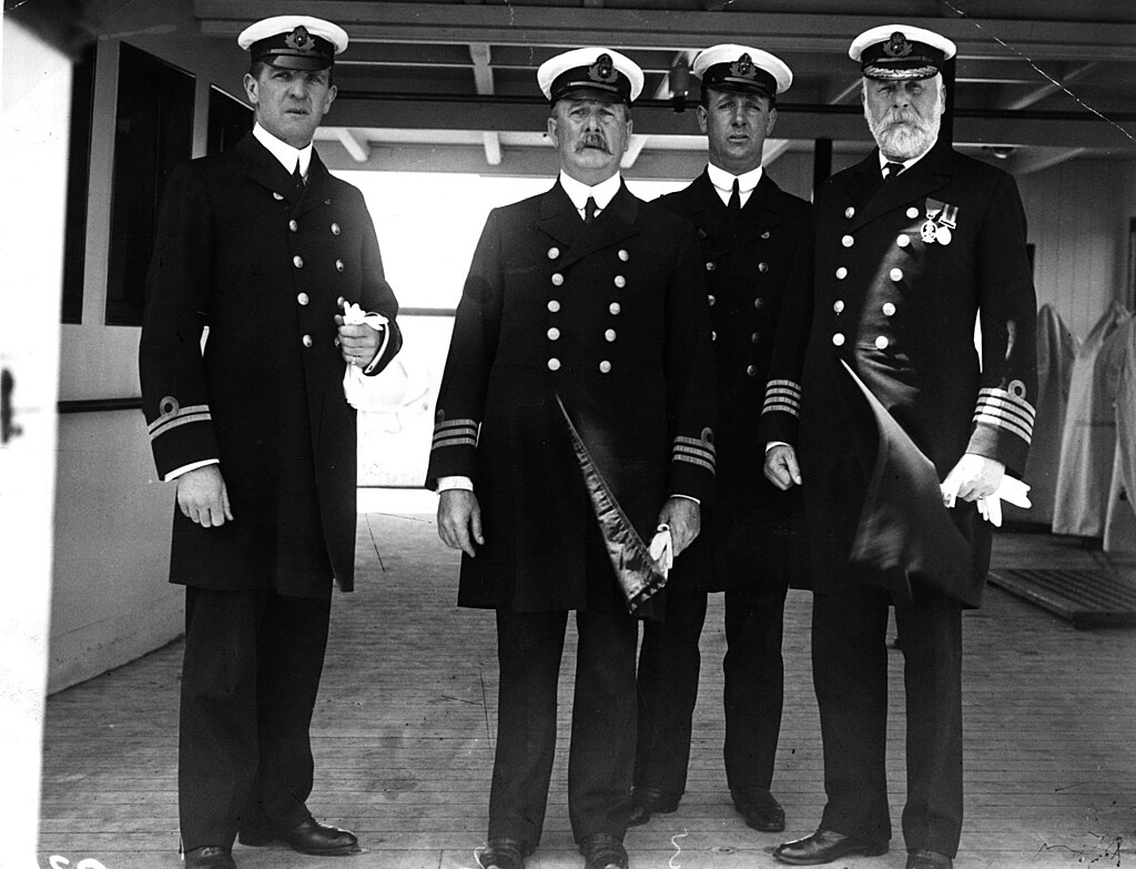 From left to right: First Officer William M. Murdoch, Chief Engineer Joseph Evans, Fourth Officer David Alexander and Capt. Edward J. Smith photographed on the Olympic, circa June 1911. 