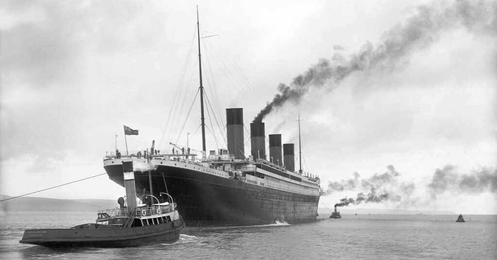 Photo of Titanic leaving Belfast for sea trials, 2 April 1912. 