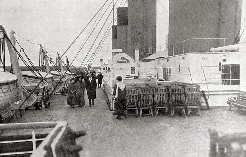 Titanic's portside boat deck of Second Class promenade, 11 April 1912. 