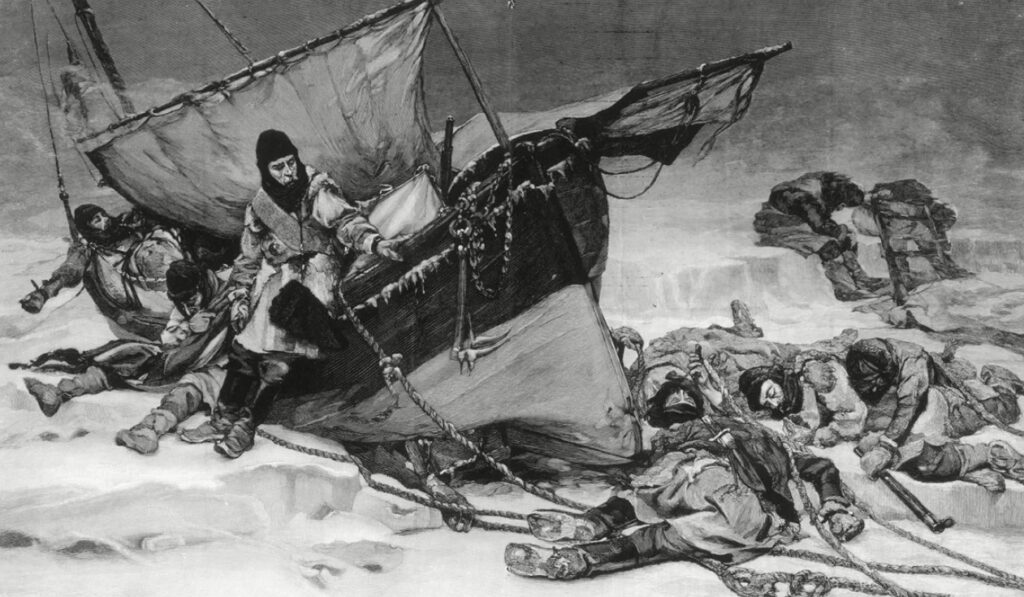 Engraving showing the end of Sir John Franklin's ill-fated Arctic expedition.