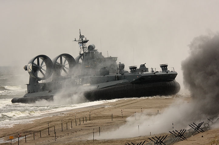 A Russian Zubr-class landing craft taking part in exercises near Kaspiysk, where Russia is planning to build a new home base for its Caspian Flotilla. Landlocked Naval Fleets